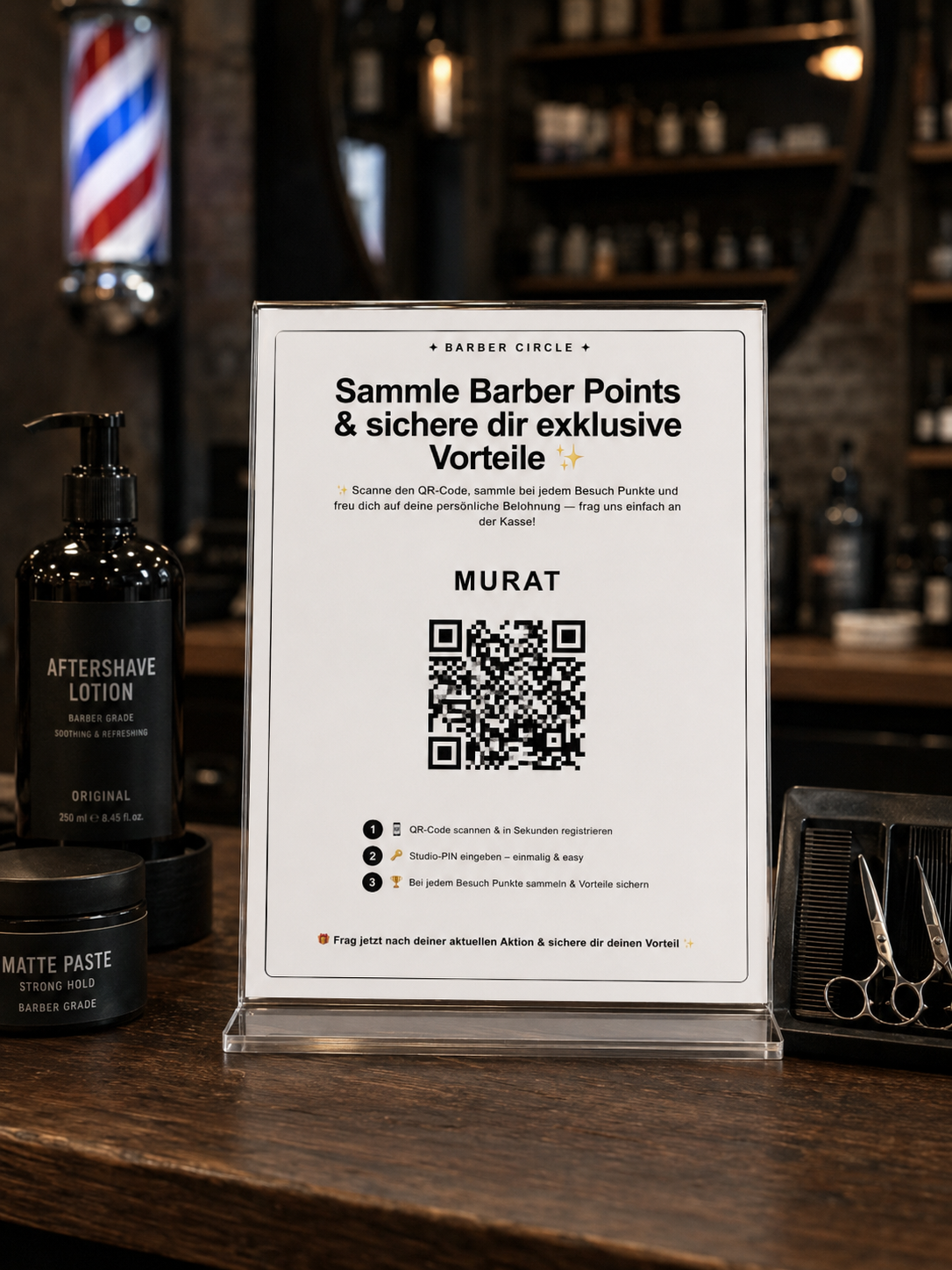 Barber Circle Aufsteller mit persönlichem QR-Code auf einem Shop-Tresen
